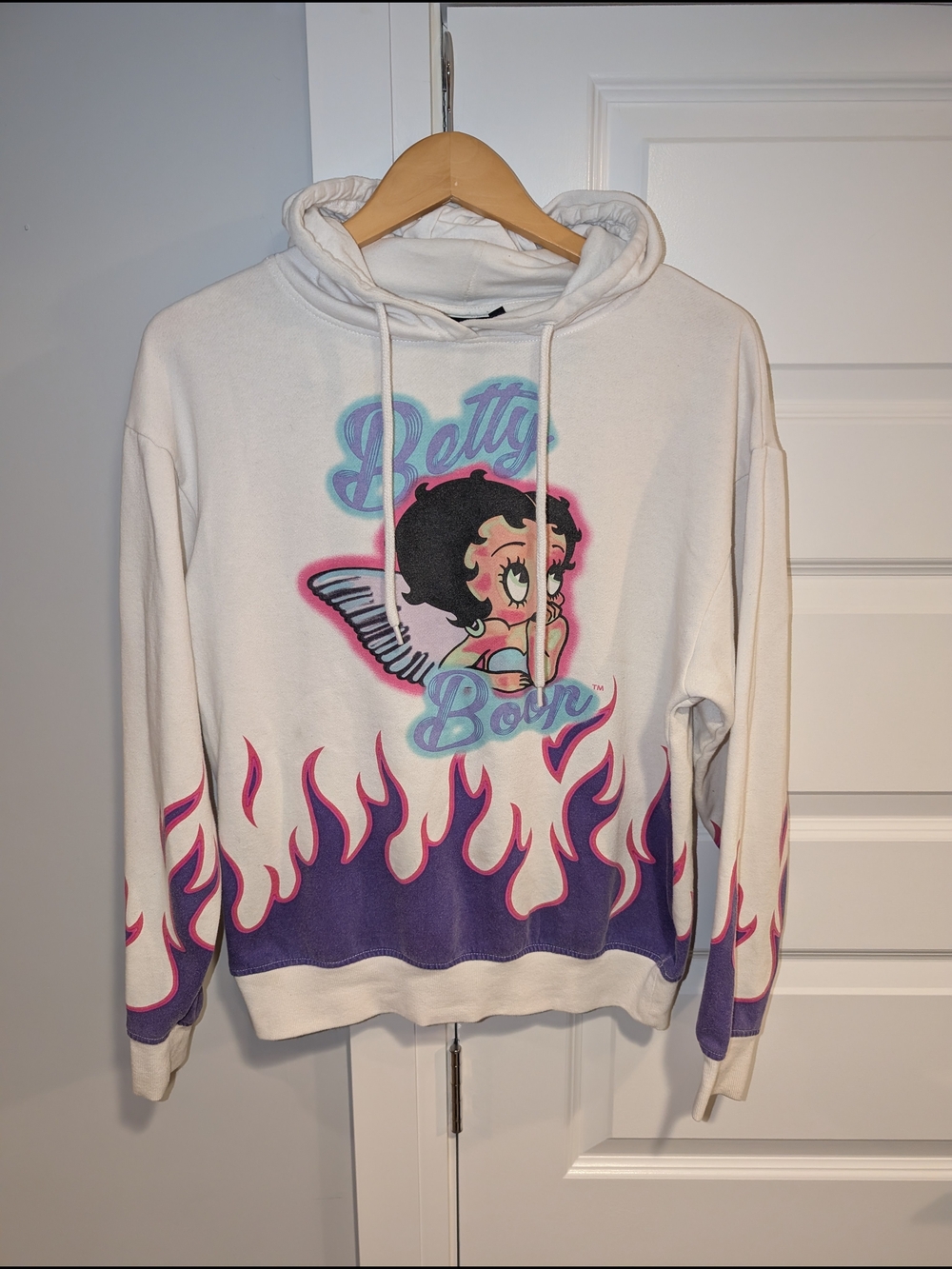 Betty Boop White Hoodie with Purple & Pink Flame Graphic